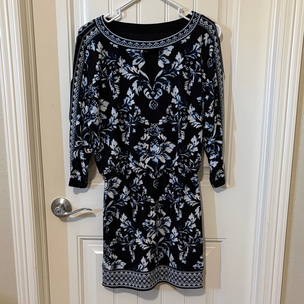 White House Black Market Elegant‎ Black, Blue, and White Floral Dress